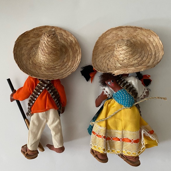 Pair Man Woman Mexican Folk Art Dolls Oil Cloth in Peasant Costumes - Picture 2 of 12